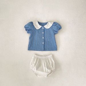 Thin Summer Baby Short Sleeve Shirt Girls Cute Rabbit Doll Collar Plaid Top And Pants Set Cotton Blend Comfortable All Match