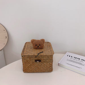 Honey Sauce * Ins Style Bear Desktop Storage Box Willow Rattan Woven Straw Basket Dustproof with Cover Sundries Basket Hand Gift Box