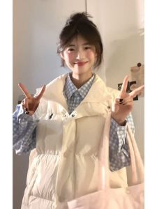 Retro American Plaid Collar Shirt And Embroidered Vest Womens Cotton Jacket Two-Piece Set Autumn Winter Commute Style Regular Fit