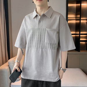 Summer 2025 Mens Casual Loose Fit Polo Shirt Short Sleeve Breathable Versatile Cotton T-Shirt Trendy Splice Fashion Top