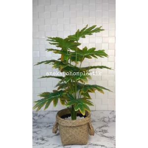 Tanaman Daun Pohon Artificial Monstera Jari Philo Orange Semilatex Cover Anyaman Purun Handle Tanaman Hias Dekorasi Pajangan Studio Aesthetic