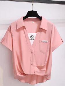 Áo Sơ Mi Nữ Tay Ngắn Thời Trang Mùa Hè 2025 Áo Hai Mảnh Giả Phong Cách Hàn Quốc Thường Ngày Màu Trơn Cổ Polo Dài Thường