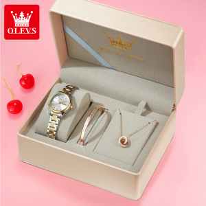 **【Beli 1 gratis 2】OLEVS Jam Tangan Wanita 1 set lengkap Anti Air Original Rantai Anti Karat Mewah Set Kalung Gelang Bercahaya Kalender Quartz Watch**