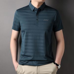 ROMON | Lormen Mens Ice Silk Short Sleeve T-Shirt Summer Thin Business Casual With Collar Polo Shirt Striped Mens Fashion Top