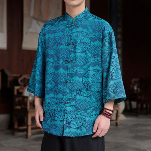 เสื้อเชิ้ตผ้าไหมน้ำแข็งฤดูร้อน แขนสั้น ทรงหลวม สำหรับผู้ชาย ลายเมฆ แฟชั่น จีน คอตั้ง กระดุม ผ้าฝ้ายผสม