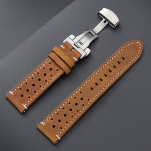 Vintage Cowhide Watch Straps 18mm 19mm 20mm 21mm 22mm 24mm Racing Leather Strap Butterfly Buckle Breathable Porous Replace Band