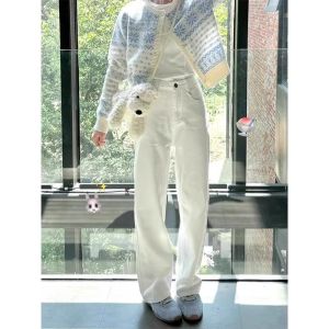 สูง เอว ขาตรง เดนิม กางเกงยีนส์ ผู้หญิง พรางหุ่น ขากว้างยาว กางเกงขายาว ทันสมัย สีขาว ตัดตรง กางเกงยีนส์ สําหรับ ฤดูใบไม้ร่วง 2024