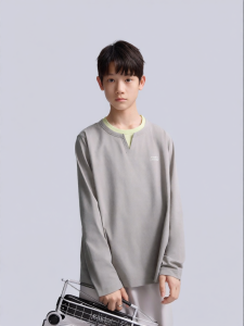 happy nocnoc | Cotton-Feel Quick-Dry Bubble Water V-Neck Faux Two-Piece Long Sleeve T-Shirt for Boys