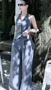 Set gile gồm áo thiết kế cổ chéo mix quần ống suông dài siêu basic NEWFASHION99