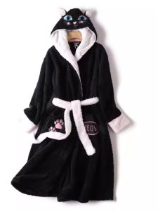 Cartoon Ears Hooded Lapel Wrap Lace-up Coral Fleece Bathrobe Female Winter Pajamas Loose Casual Mid Length Long Length