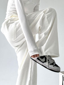 Corduroy Sports Pants for Women Fall and Winter White High-Waist Casual Loose Slimming Drawstring Straight-leg Mop Wide-Leg Pants