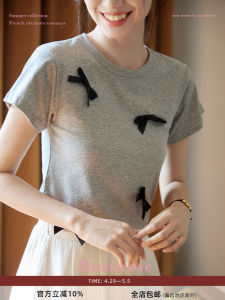 Moriirose Grey Butterfly Knot Short Sleeve round Neck T-Shirt Womens Summer Short Design Sense Versatile Cotton Blend Top