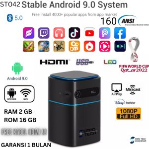 Smart Projector 160 ANSI LUMENS DLP Proyektor Android 9.0 RAM 2 GB ROM 16 GB Mirascreen Miracast Mirroring Streaming Multimedia HDMI USB AV Touch Panel Premium