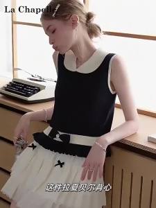 La Chapelle | Sleeveless Knitted Peter Pan Collar Contrast Color Bow Decoration Blouse