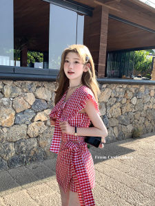 Chil Sung Bangkok Diary Fashionable Pure Cotton Shirt Dress with Red Plaid And Bow Womens Set Stylish Spring Collection