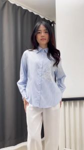 QUEENTIN Kemeja Vintage Wanita 0683 Katun Polymicro Motif Salur Kombinasi Bordir Lengan Panjang