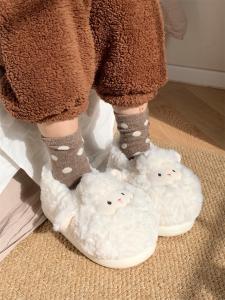 Womens Winter Home Use Warm Cute Furry Slipper Shoes Soft Cute Little Lamb Cotton Slippers Bedroom Anti-Slip Indoor Shoes