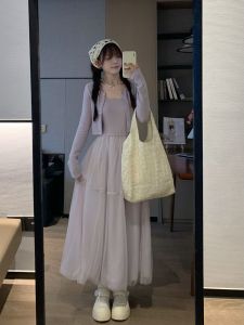 Sweet Endless French Style Neck Hanging Strap Midi Dress Purple Beach Holiday Date Gentlewoman Long Sleeve Autumn New Arrival