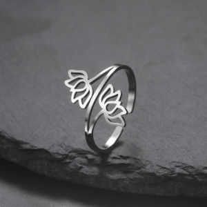 Fashionable hollow double lotus opening ring stainless steel irregular minimalism Bohemian lotus eternal ring yoga couple gift