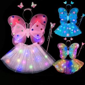 【Original+24hours delivery】Princess Fairy Costume for Kids Girls Angel Wing Dress Up Set with Dress Wings Wand and Headband for Stage Props Party Costume