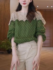 QINGNAER | Retro Lace Polka Dot Contrast Color Long Sleeve Blouse