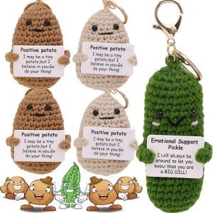 Funny Positive Potato Keychain Handmade Wool Crochet Toy Patata Cucumber with Energy Card Doll Bag Pendant Inspired Key Chains