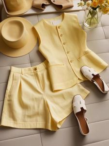 Summer Fashion Yellow Two-Piece Set Elegant Age-Defying Salt System Streetwear Short Shorts Vest Outfit Polyester Fiber Button Closure