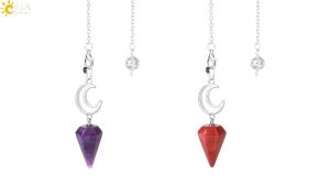 CSJA Spiritural Crystal Pendulum for Divination Healing Moon Natural Stone Cone Pendant Pink Quartz Pendules Radiesthesia S965