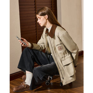 Áo Khoác Cotton Nữ Màu Khaki Thời Trang Vintage Có Cổ Đính