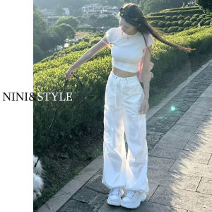 กางเกงทำงานทรงหลวมเอวสูงผ้าไหมน้ำแข็งสีขาวสำหรับฤดูร้อน กางเกงขายาวทรงตรงลำลองสไตล์อเมริกันสำหรับผู้หญิง กางเกงขายาวทรงหลวม