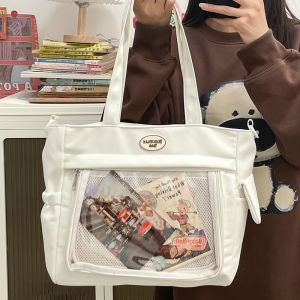 กระเป๋าสะพายข้างใสแบบสะพายไหล่เดียวสำหรับนักเรียนหญิง ความจุขนาดใหญ่ กระเป๋าใส่ของใส่หนังสือแบบสะพายข้าง กระเป๋าสะพายข้างแบบลำลอง