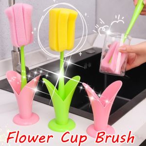 2PCS Creative Tulip Flower Shape Cup Brush 25cm Long Handle Water Bottle Cleaning Brush Removable Sponge Mug Bottle Thermos Cup Cleaning Tool