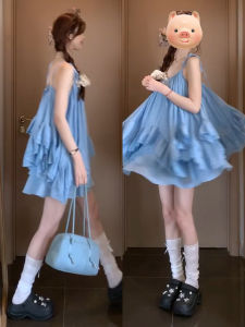 PEIZIXUAN | French Blue Off-Shoulder Strap Short Dress
