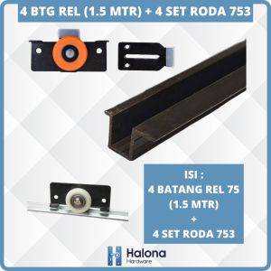 Rel Sliding AS 75 Lenaga 4 Batang 1.5 Meter + 4 Set Roda SD-753 Orange Huben Paket 2 Daun Pintu Lemari Geser