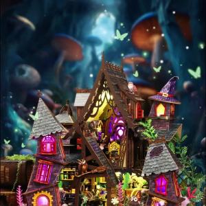 Magic Witch House 3D Wooden Puzzle DIY Building Kit With Warm LED Light Miniature Cottage Handcraft Model Desktop Room Decor Gif