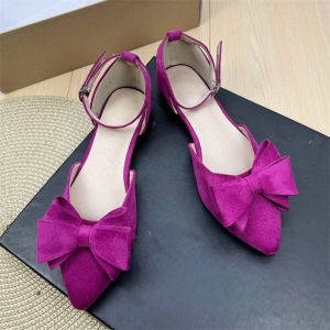 Spring 2025 Womens Flat Hollow out Slip-On Shoes Butterfly Knot Large Size Low Top Sharp Pointed Toe Single Strap Sandals