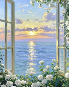 Jigsaw Puzzle Beautiful Window Sea View With White Rose Flower Landscape For Adults Family Fun Relaxing Brain Teaser Gift