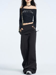 Black Casual High Waist Wide Leg Pants Womens Autumn Retro Low Waist Unique Not Tight Leg Kangaroo Flared Pants