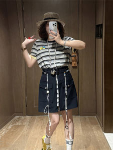 Shalldoer | Korean Style Chic Striped Color Block Round Neck Short Dress Womens Summer Casual High Waist A-Line Skirt Single Piece