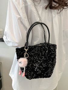 Fashionable Sequin Bucket Bag Womens Trendy Compact Crossbody Shoulder Bag with Lock Chain Handle Bright Silk Satin Material