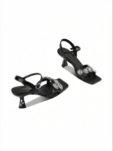 JESSICA SOPHIA | Black Thin Heel Square Toe Crystal Flower Summer Office Comfortable Shoes