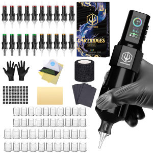 ชุดปากกาแทททูโพไซด์เครื่องสักพร้อมตลับเข็มสัก20ชิ้นปากกาแทททูไร้สายพร้อมแหล่งจ่ายไฟ1800MAh และอุปกรณ์สักจอแสดงผล LED แบบดิจิตอลสำหรับศิลปิน