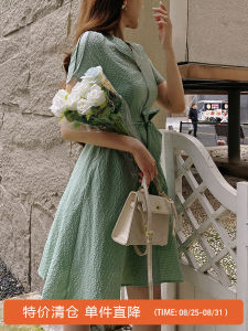 Pink Big Doll French Tea Break Waist Cinched Dress Womens Summer New Elegance Casual Skirt Short Sleeve V-neck A-line Dress