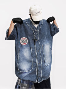 Stylish Casual Japanese Style Oversized Jean Half-sleeve Shirt