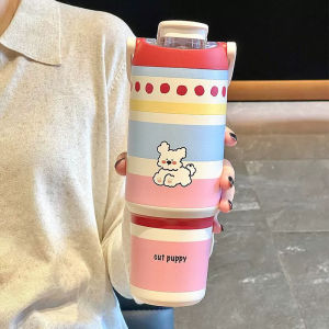BIZE | Cốc Inox Cách Nhiệt Ống Hút Đôi Hình Cartoon Thân Thiện Với Ô Tô