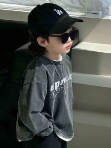 Boys Long Sleeve T-Shirt Pure Cotton Spring Autumn Casual Style Retro Washed Personality Base Shirt Breathable Comfortable Kids Clothes