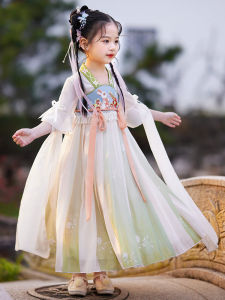 Váy Hè Phong Cách Hanfu Cho Bé Gái Váy Trẻ Em Cổ Điển Phong Cách Đường Thời Trang Mùa Hè Váy Ngắn Cổ Chữ V Tay Dài Bằng Polyester