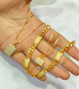 Set Perhiasan Dewasa Full Permata Zircon Lapis Emas Aksesoris Fashion Anti Karat Kalung Gelang Anting Cincin