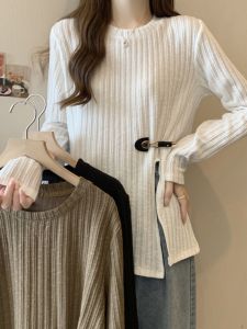 plus Size T-Shirt Mid-Length Sleeve Long Split Design Slimming Top Inner Wear Base Shirt Spring Autumn for Plump Women