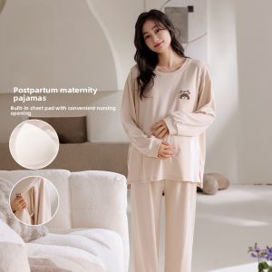 MiiOW | Pure Cotton Maternity Sleepwear Set With Chest Pad Womens Home Clothes Long Sleeve Round Neck Long Skirt And Pants For Pregnant Ladies